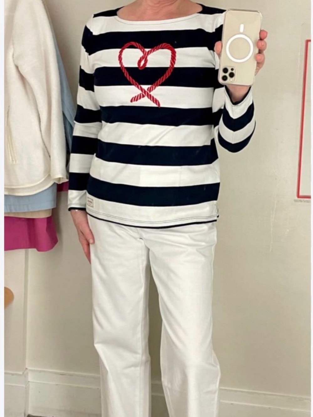 Talbots Navy and White Striped Long-Sleeve Top with Red Rope Heart